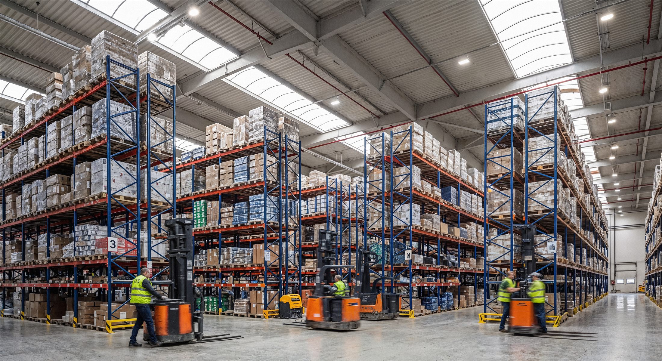 Warehouse interior with forklifts and storage racks